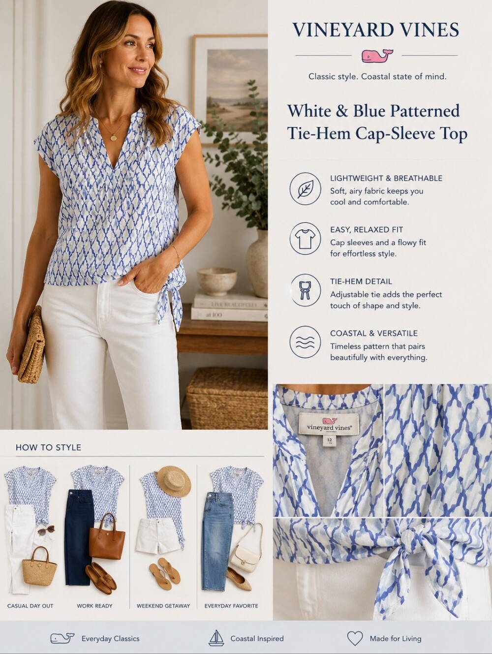 Vineyard Vines White and Blue Patterned Tie-Hem Cap-Sleeve Top Size 12